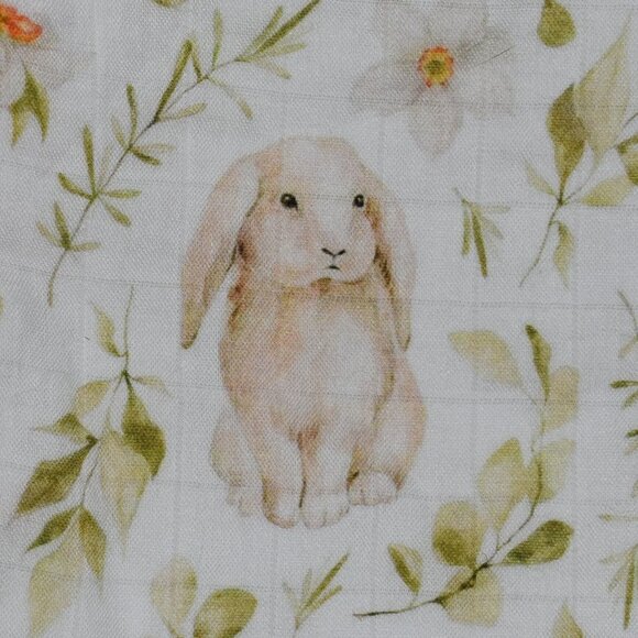 Spring Bunny Rabbit Flowers Leaves Nursery Swaddle Muslin Baby Blanket - Picture 3 of 12